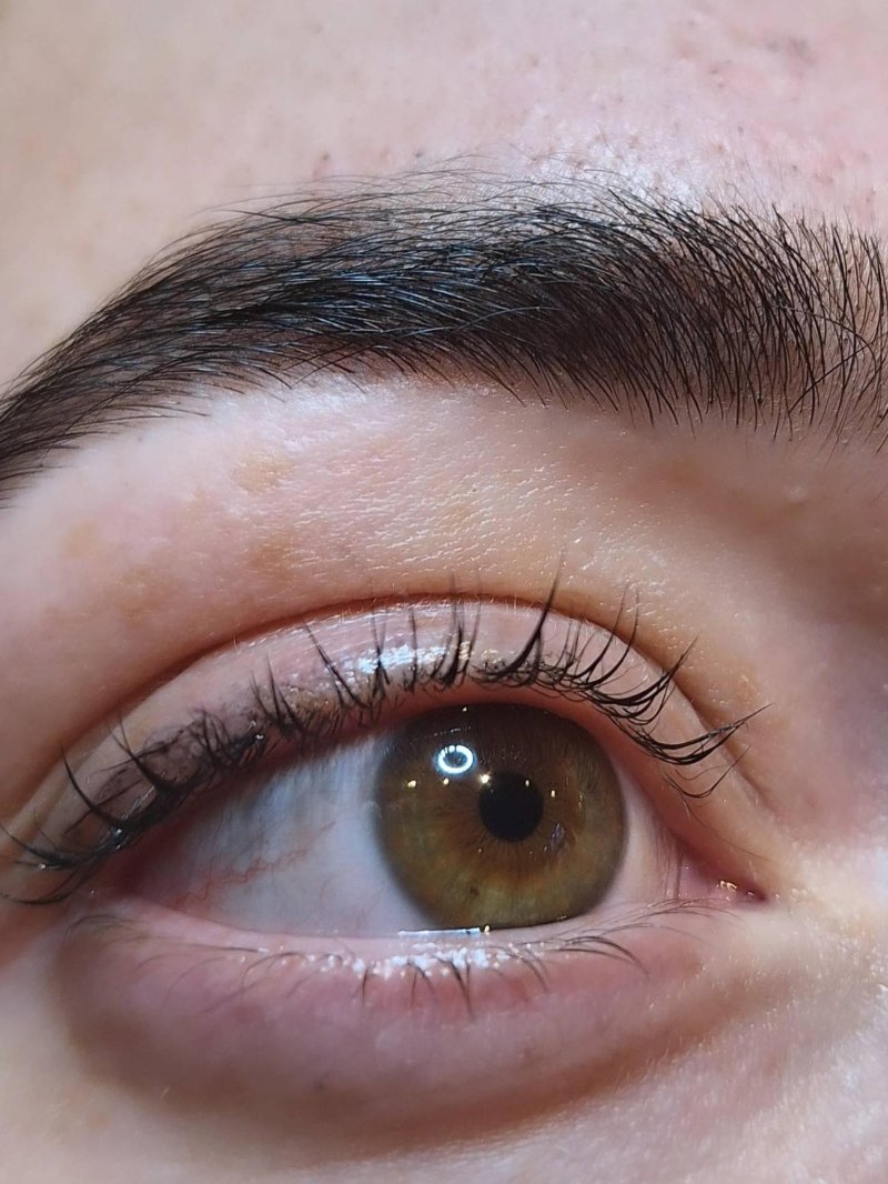 Volle wenkbrauw en gekrulde wimpers bij een bruin oog