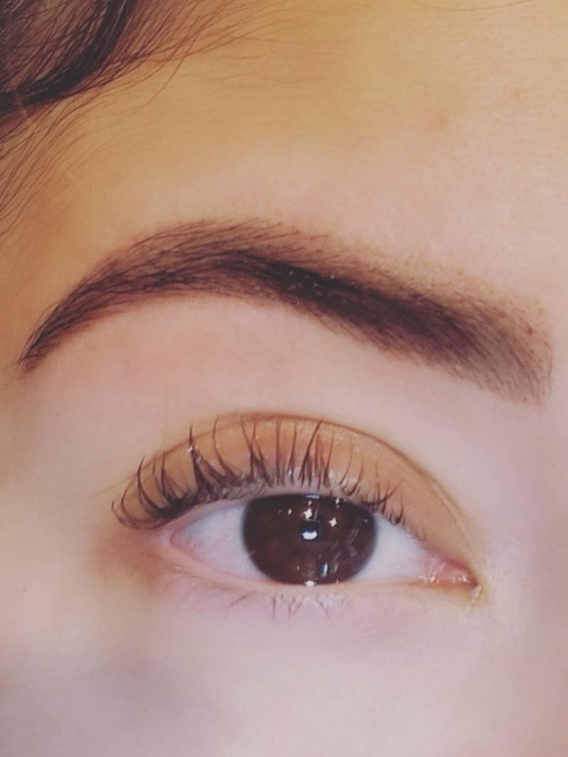 Gevormde wenkbrauw en gekrulde wimpers bij een bruin oog