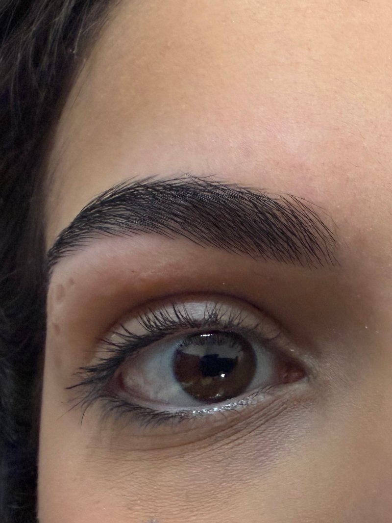 Donkere, strak gemodelleerde wenkbrauw boven een bruin oog